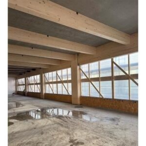 Unfertige Halle mit sichtbaren Brettschichtholzträgern und großen Fenstern